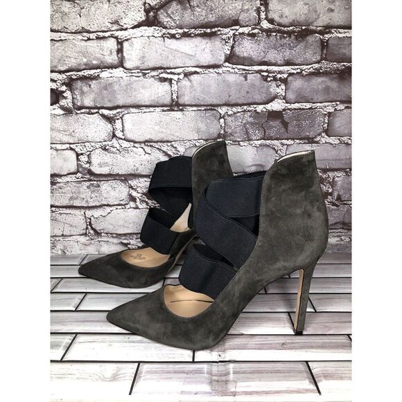 Vince Camuto Nigel Charcoal Gray Suede Elastic Pointed Toe Heels Women 9M US/39 - Picture 1 of 16
